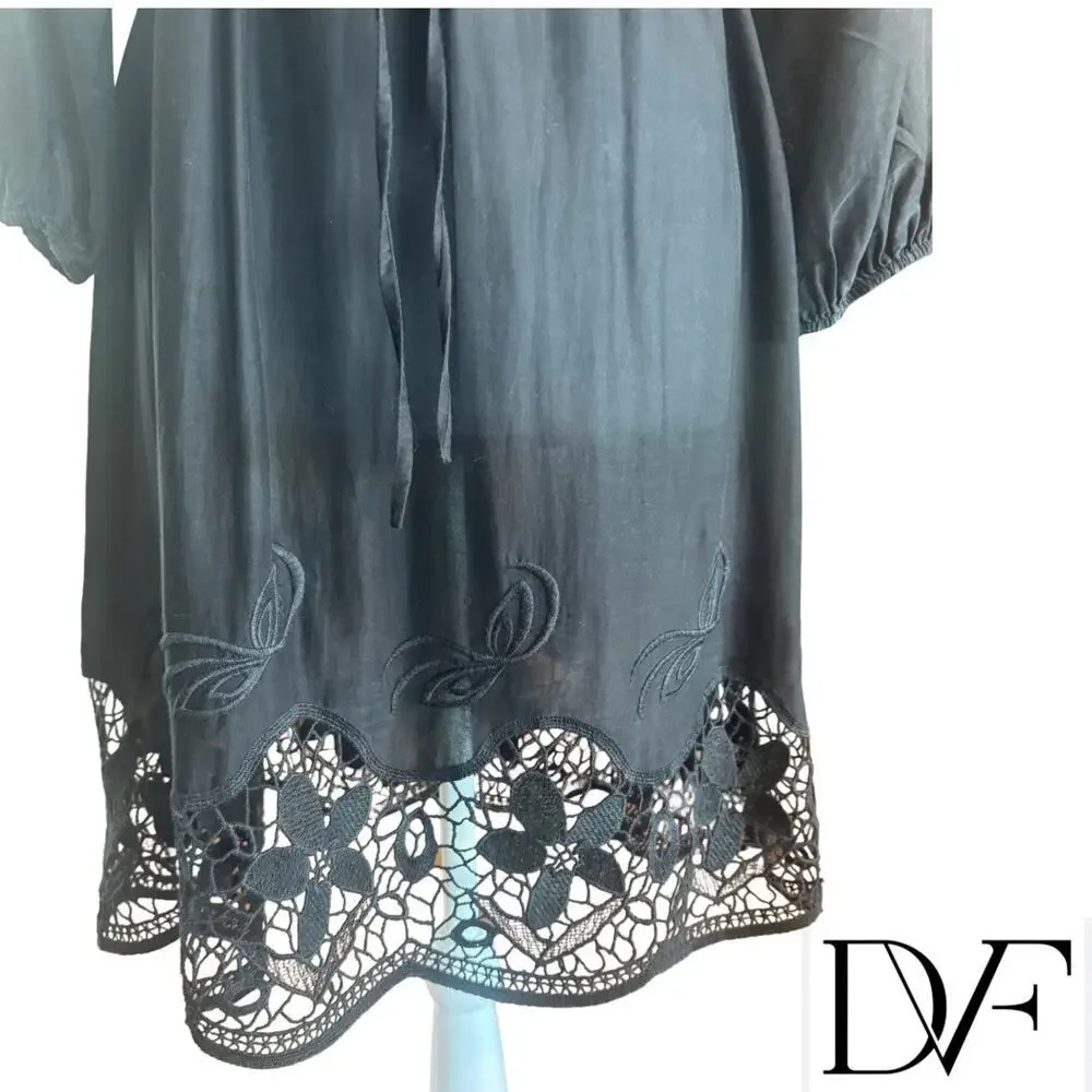 Diane Von Furstenberg Sheer Black Lace Beach cover cotton silk Medium 6 DVF
